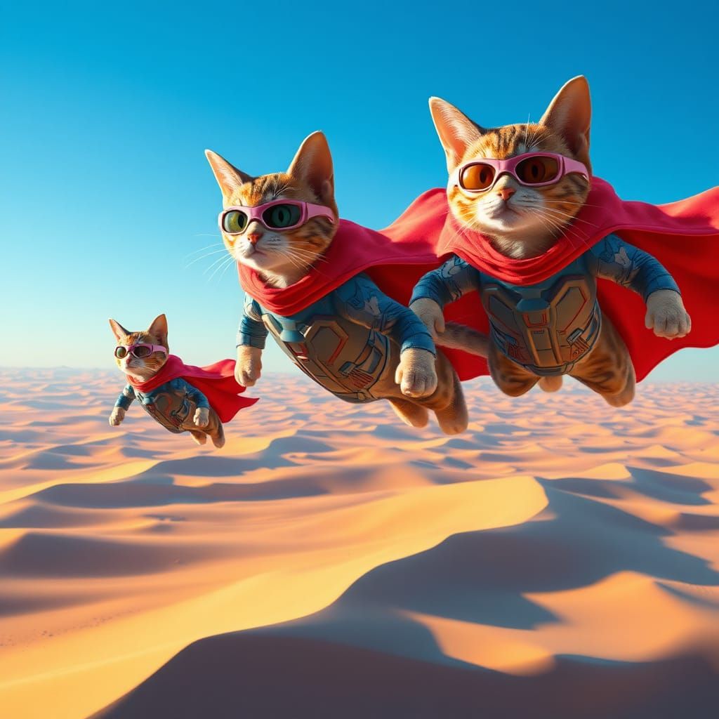 Superhero Cats Soaring Over Desert, Digital Art