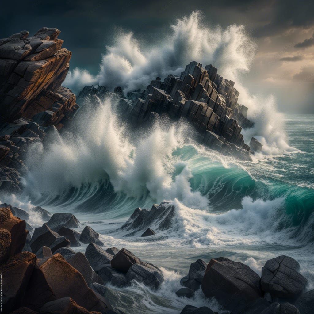 Dramatic Waves Crash on Rocky Shoreline