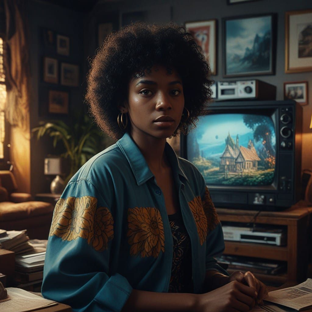 Woman in 80s Home Watching VHS Movie in Dreamlike Setting