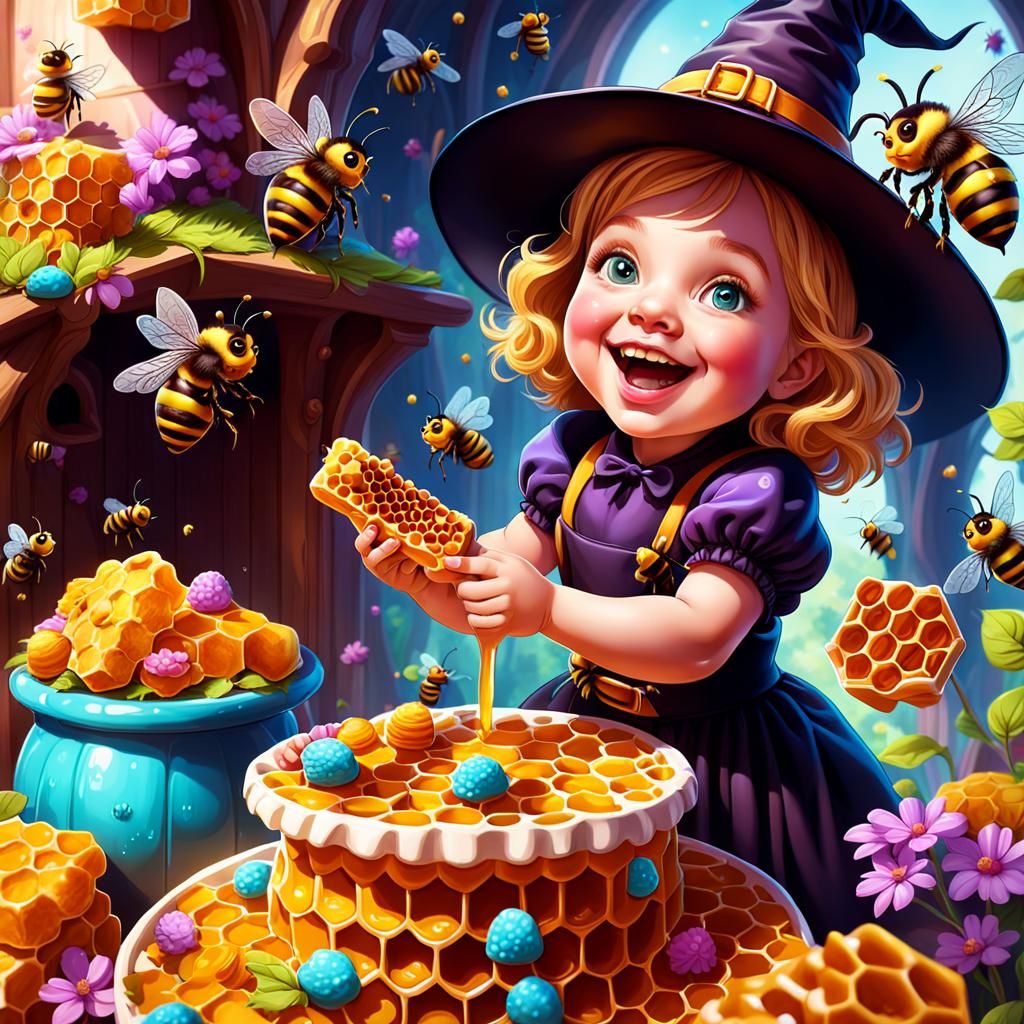 Baby Witch Eating Honeycomb in Candy Art Style