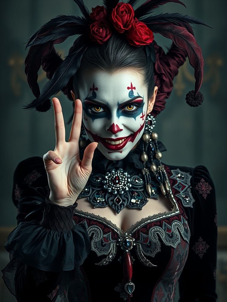 Harlequin Woman with Sinister Smile, Hyperrealistic Style