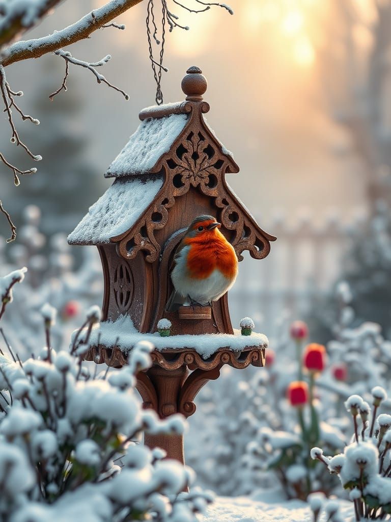 Birdhouse in Snowy English Garden at Dawn