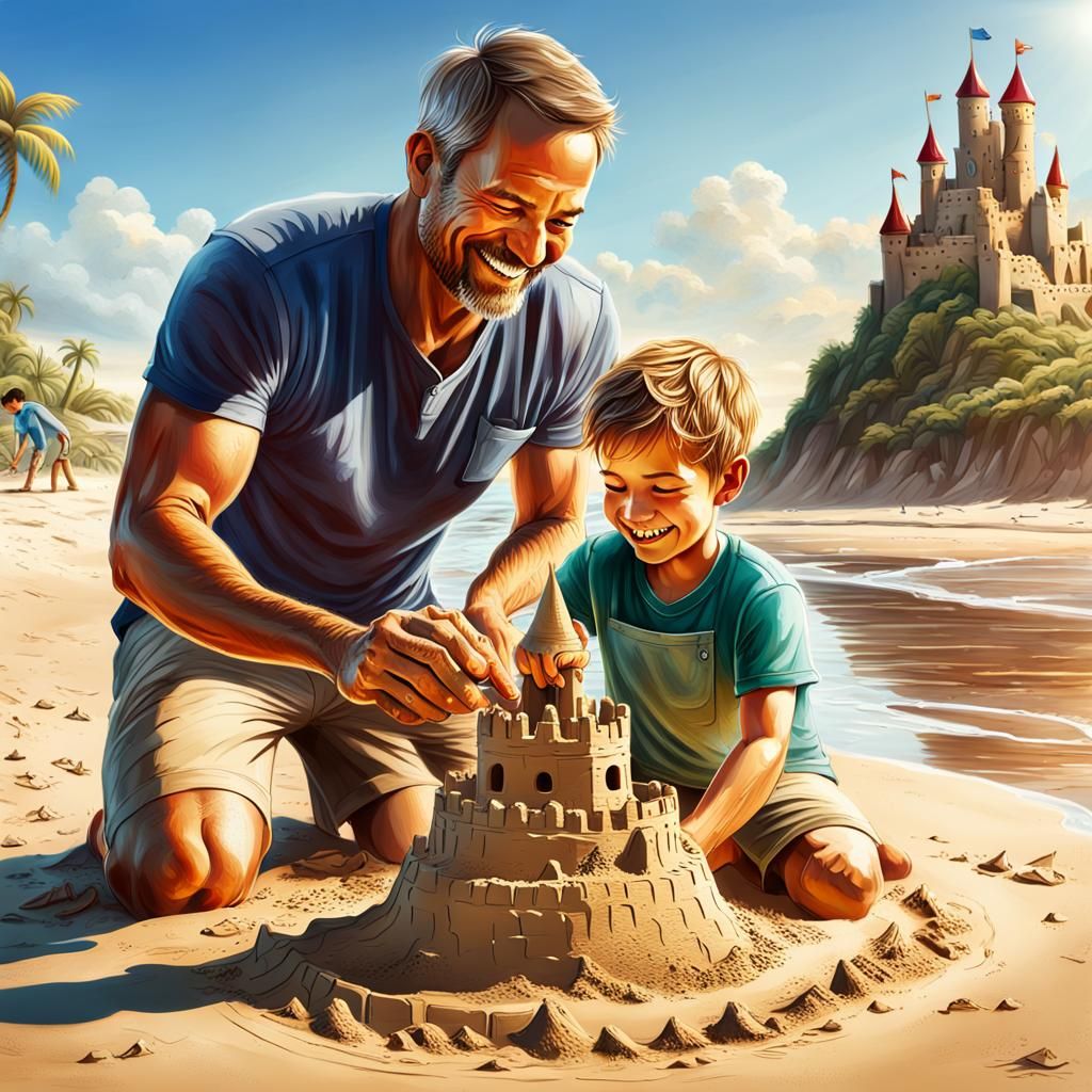 Father and Son Building Sandcastle on Beach