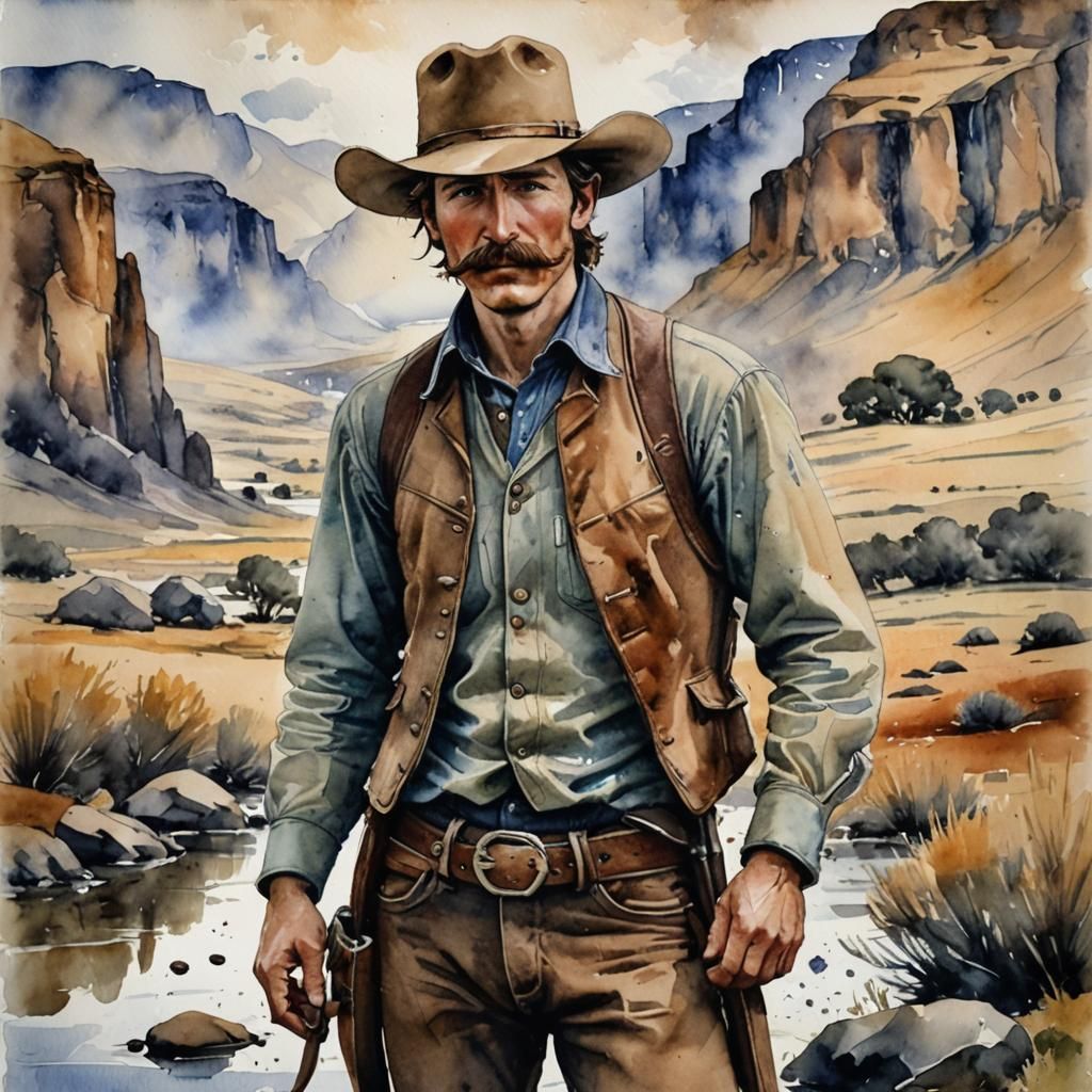 Victorian Watercolour of Cowboy in Western Scenery