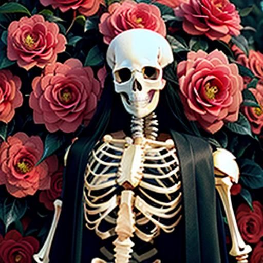 Manhwa-Style Skeleton with Camellias