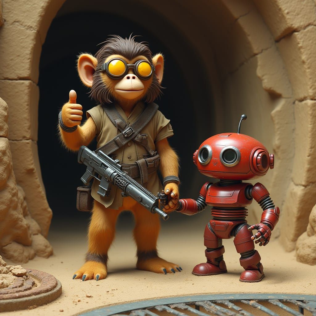 Hyper-Realistic Furry Humanoid with Robot Companion