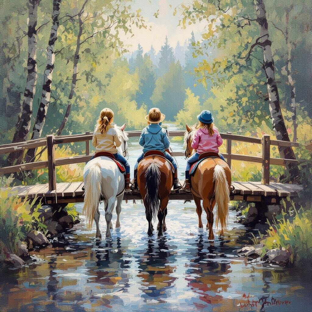 Children on Ponies Crossing Forest Bridge in Impressionist S...