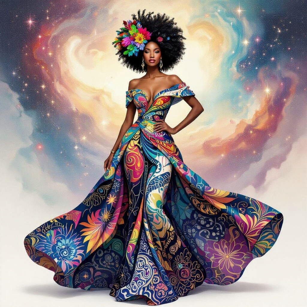 Elegant Woman with Afro of Parrots in Cosmic Scene