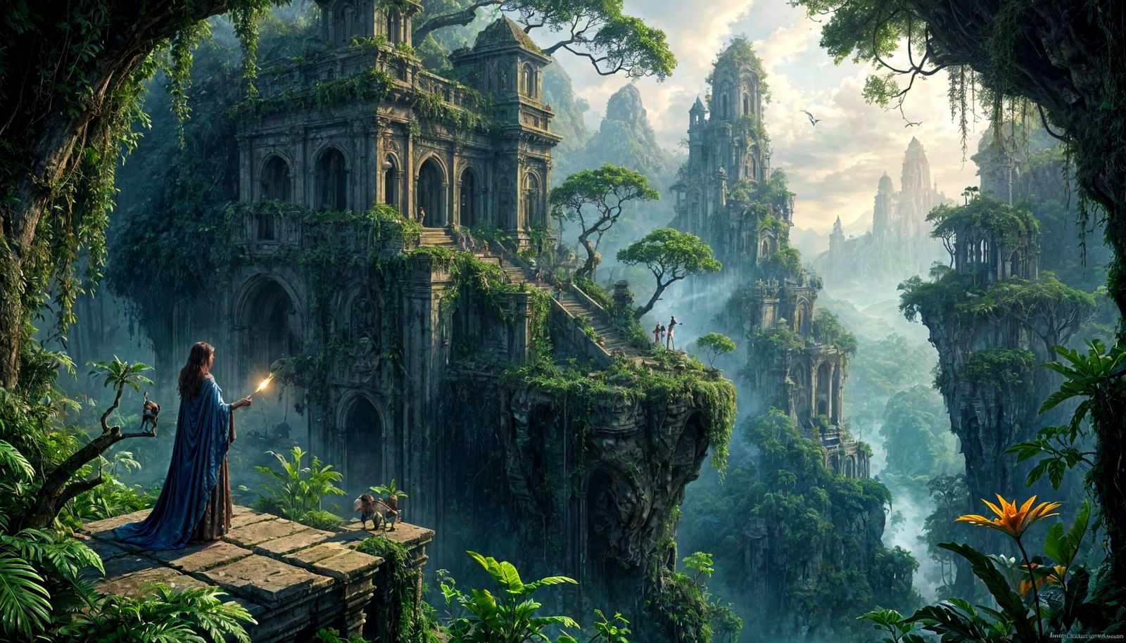 Witch Overlooking Overgrown Jungle City in Surreal Concept A...