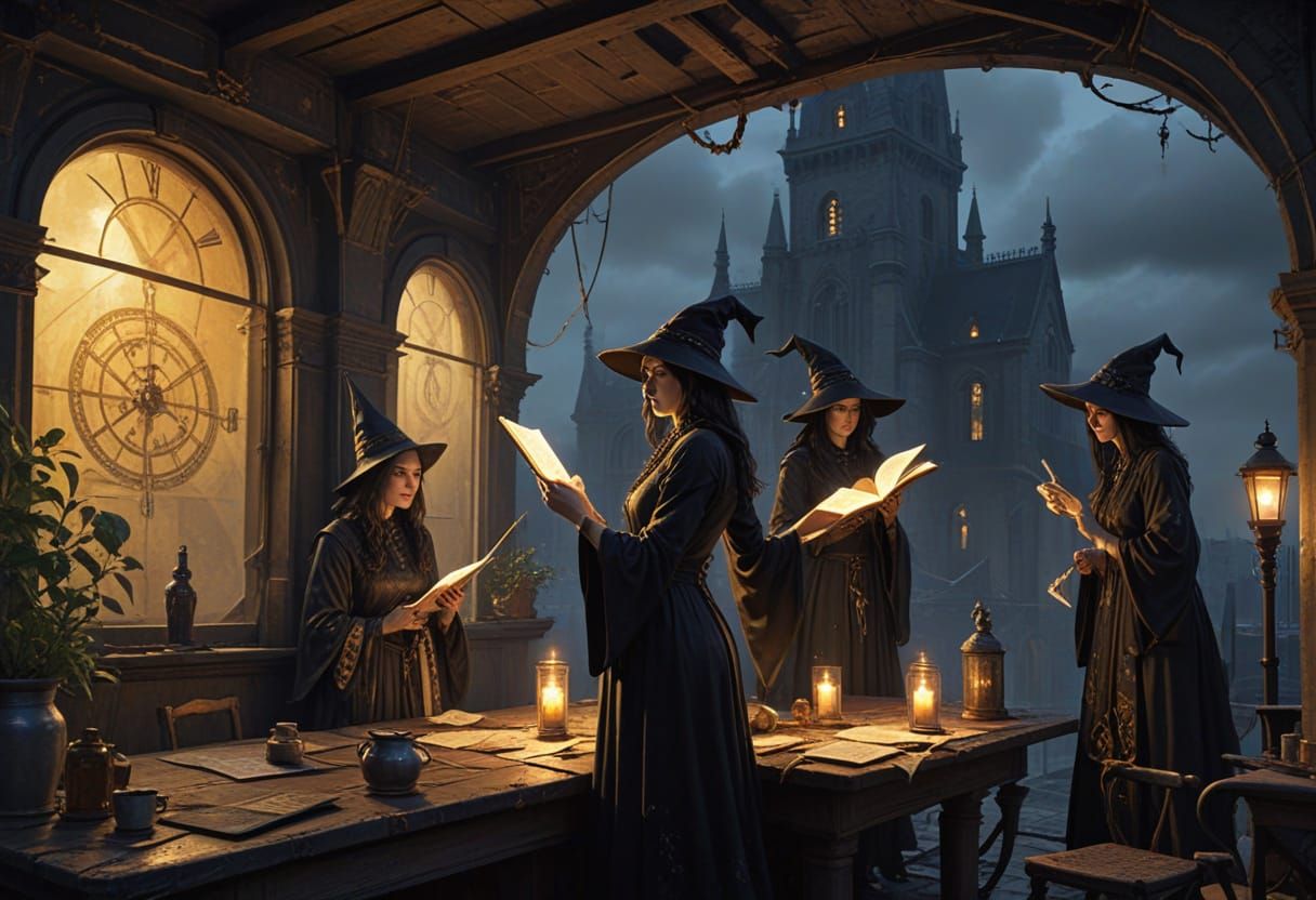 Sorceresses Casting Spells in Abandoned Bistro