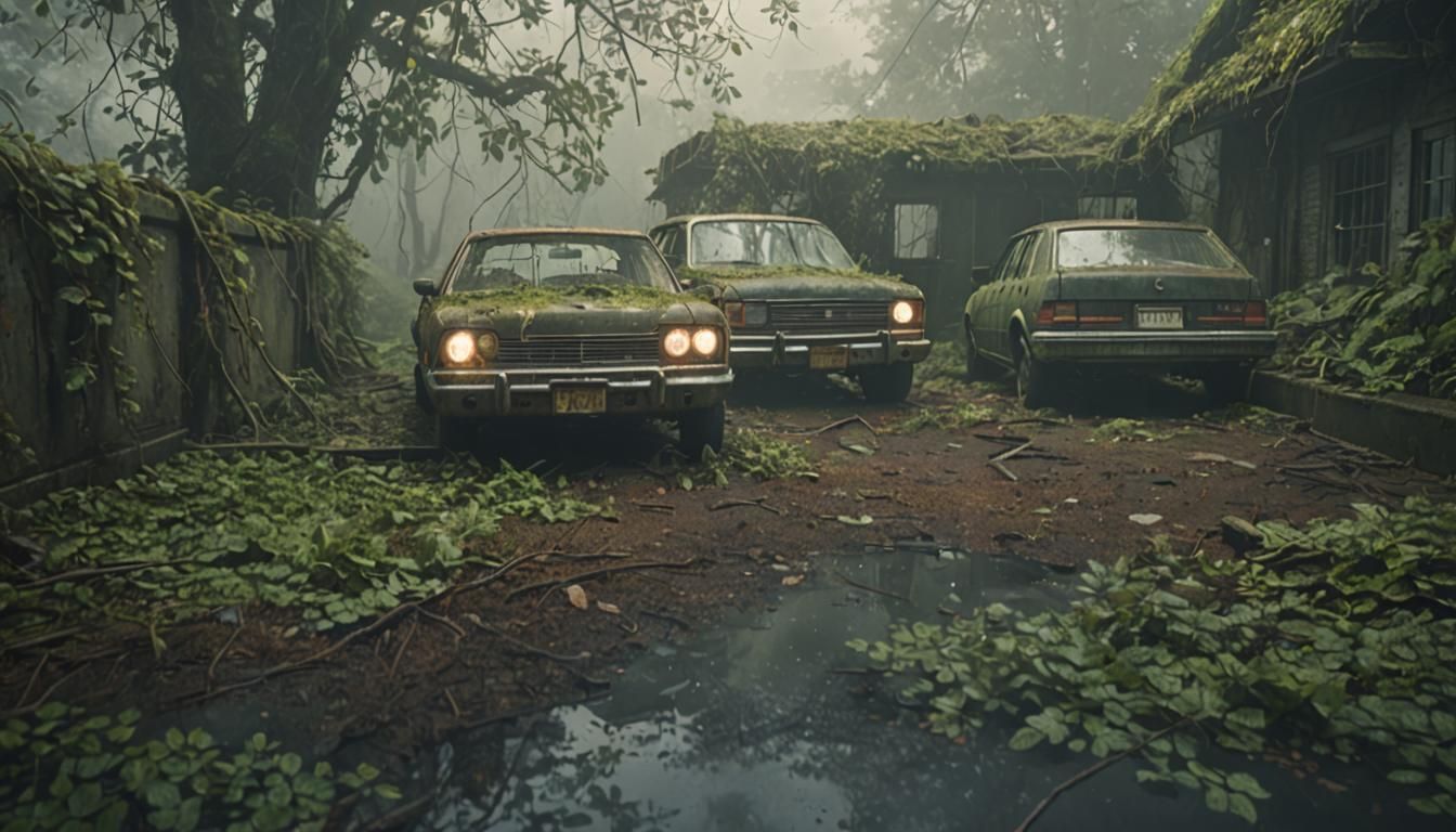 Eerie Abandoned Car in Misty Forest: Digital Art