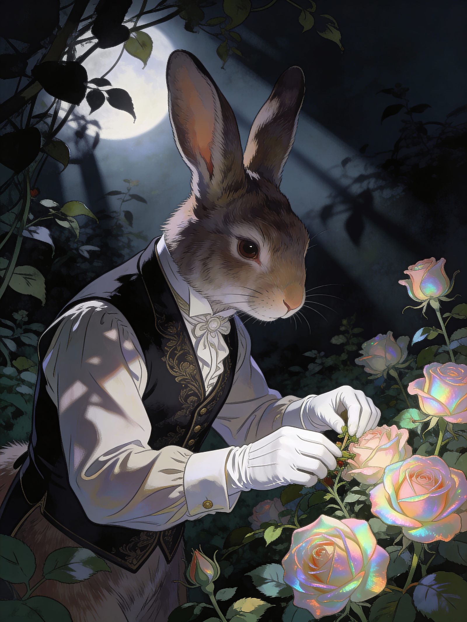 Victorian Rabbit Tends Iridescent Roses in Moonlight