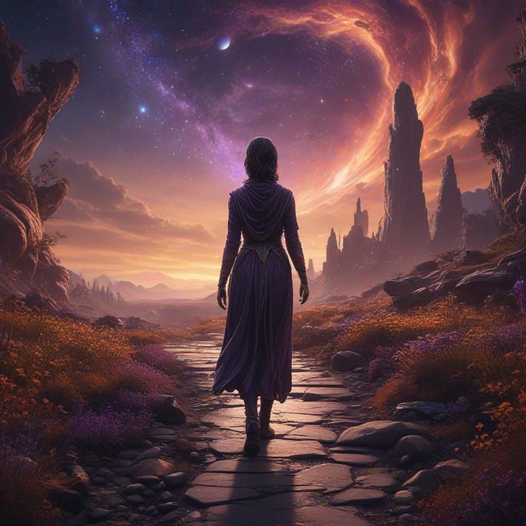 Surreal Figure Walks Amidst Glowing Starry Galaxies in a Dre...