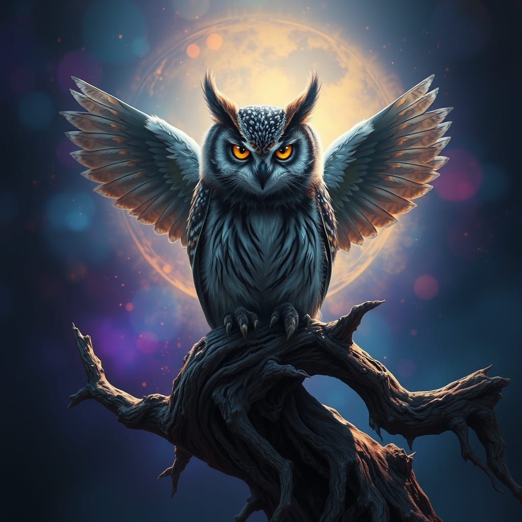 Mystical Cat Owl in Ancient Tree, Vibrant Fantasy Scene