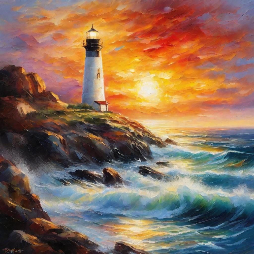 Lighthouse Sunset: Vibrant Oil Painting with Rainbow Colors