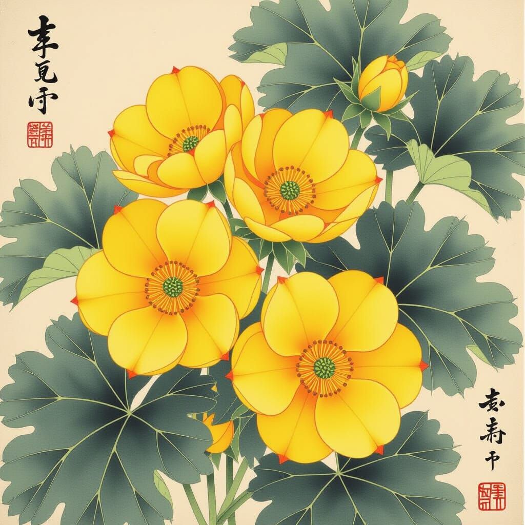 Japanese Ukiyo-e: Yellow Melon Flowers in Sunlight