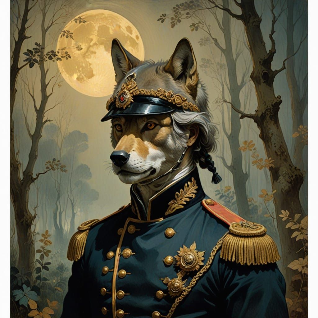 French Officer with Wolf's Head in Moonlit Forest