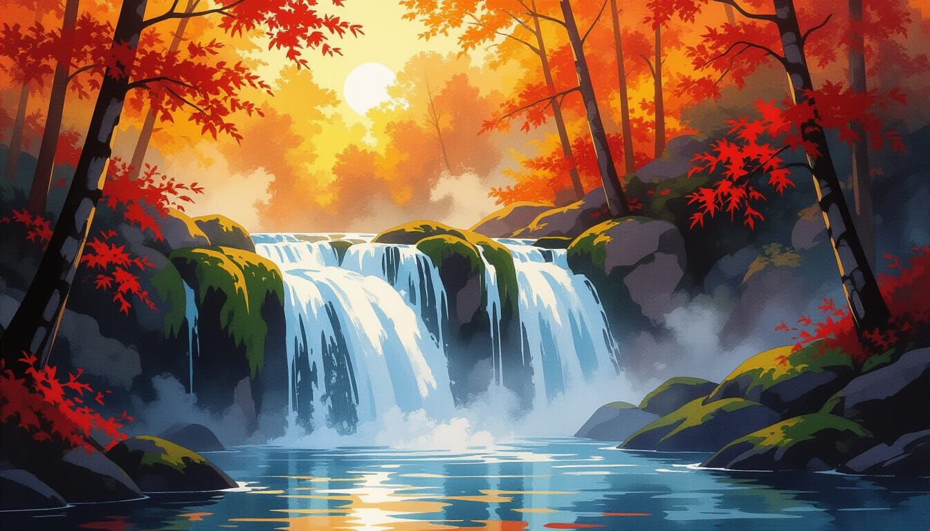 Magical Autumn Waterfall in Ethereal Golden Hour Light