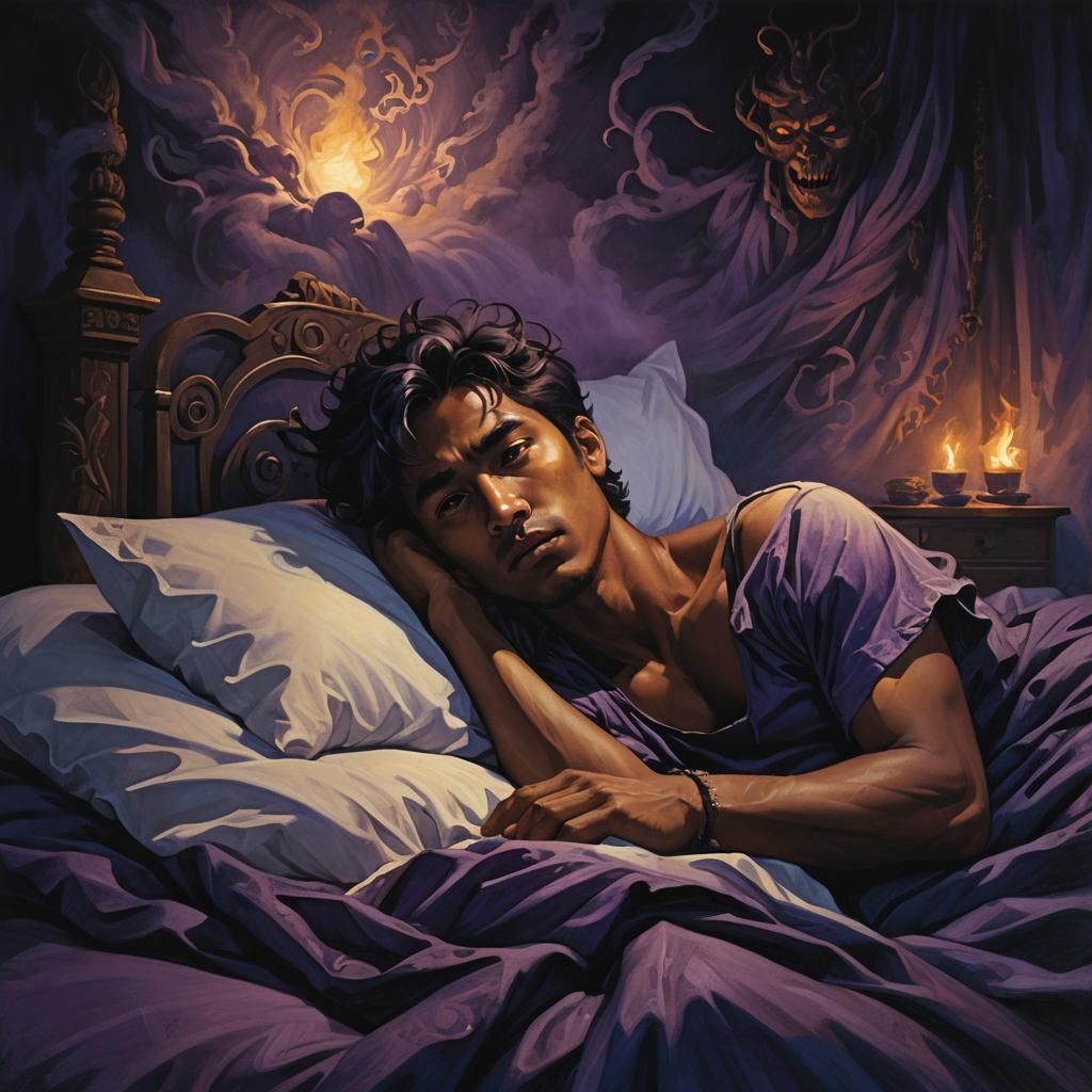 Hawaiian Man Watched by Dark Spirit, Dark Fantasy Art