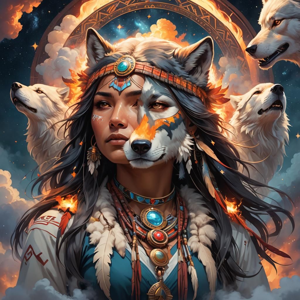 Native American Wolf Woman Portrait in 8K