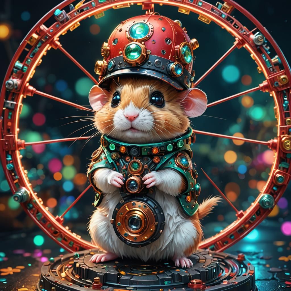 Adorable Cyborg Hamster on Wheel in Fantasy Realism