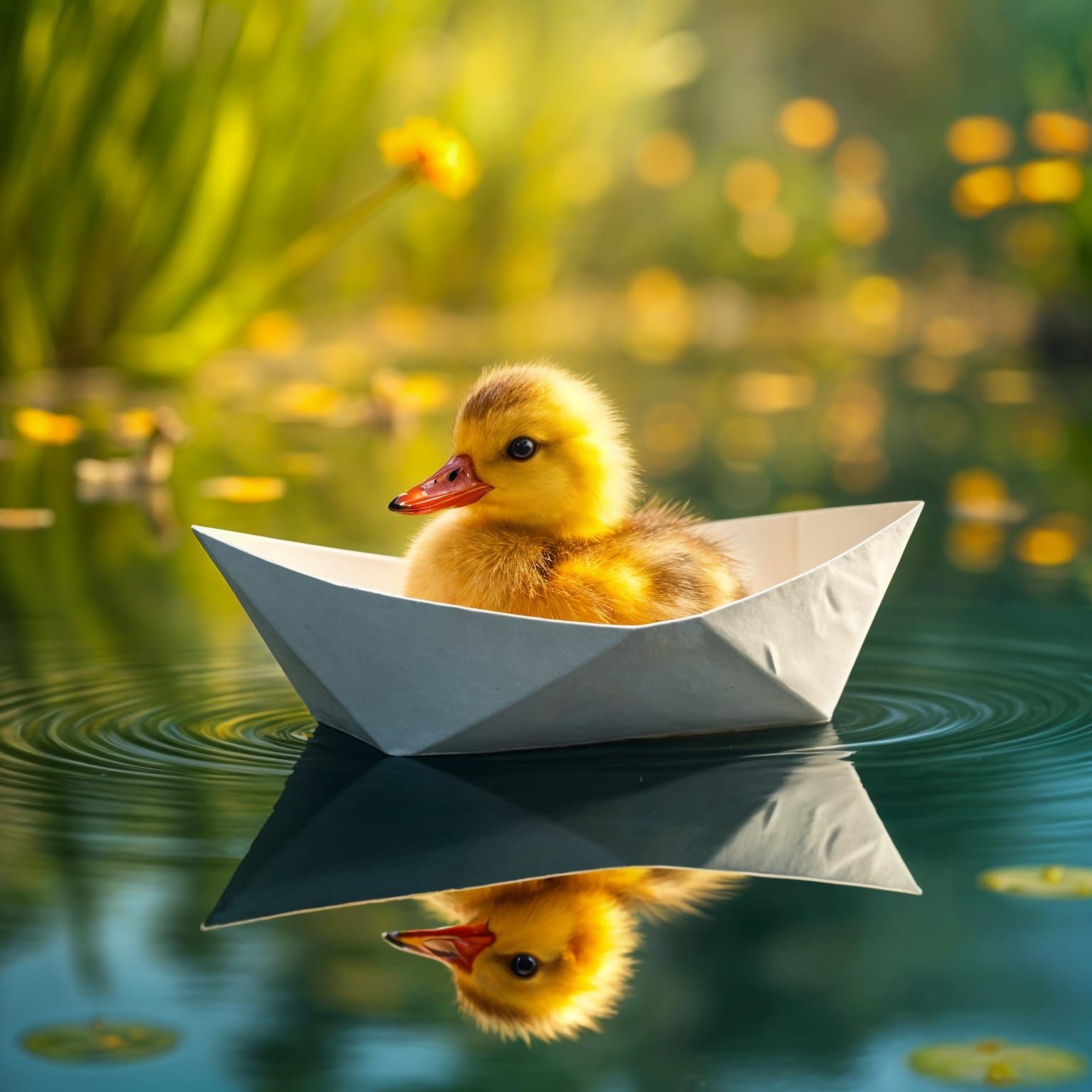 Adorable Duckling in a Paper Boat on a Peaceful Pond