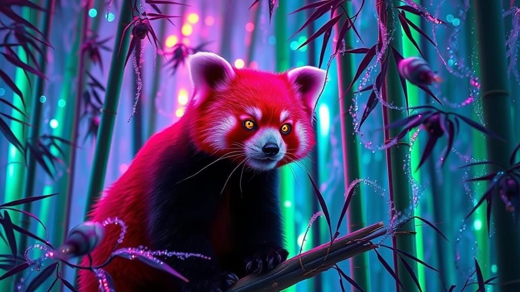 Fiber Optic Red Panda in Neon Bamboo Forest