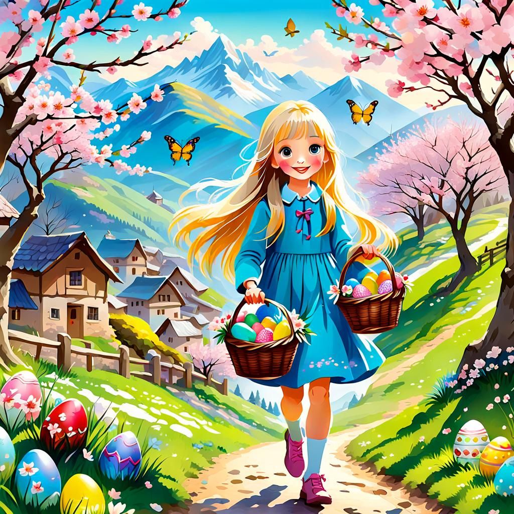 An adorable blonde long hair girl in fun Easter egg hunt, ca...
