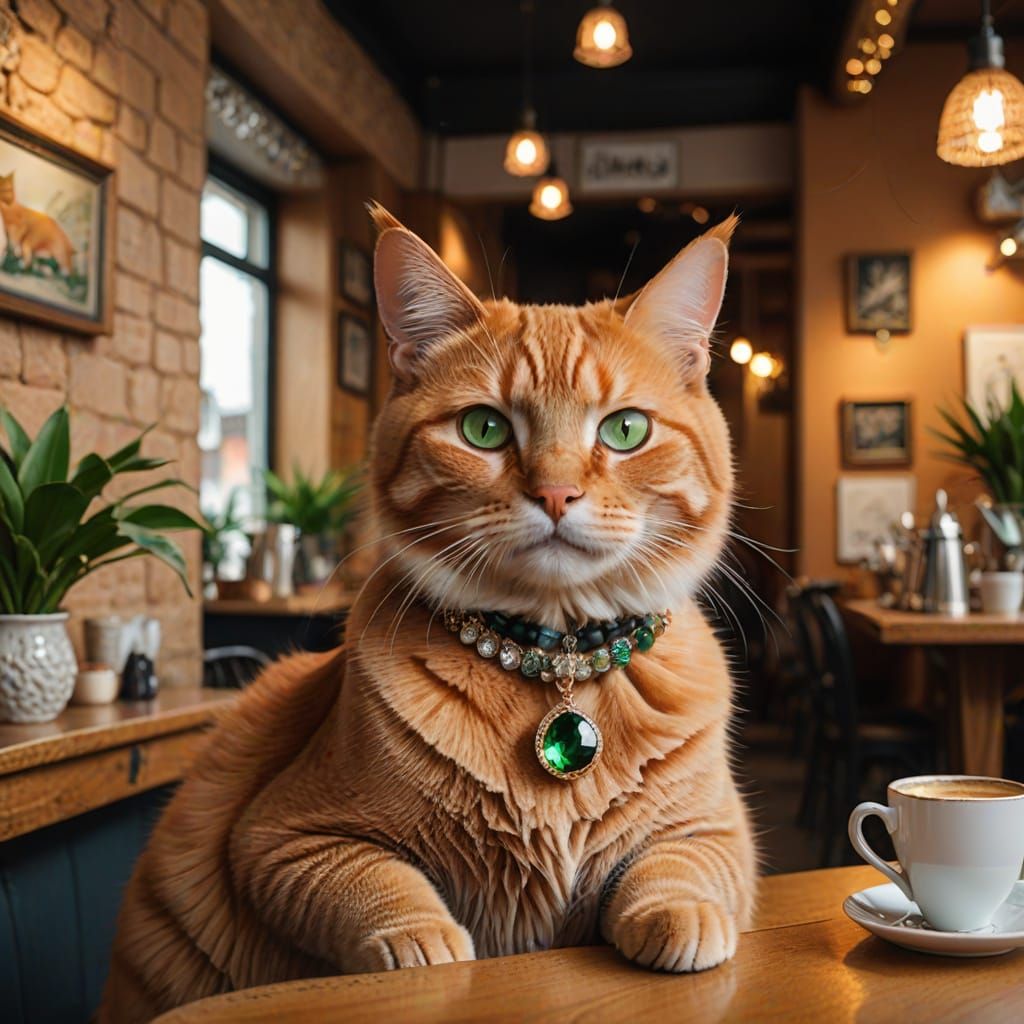 Ginger Cat in Cozy Cafe with Jewel-Studded Necklace