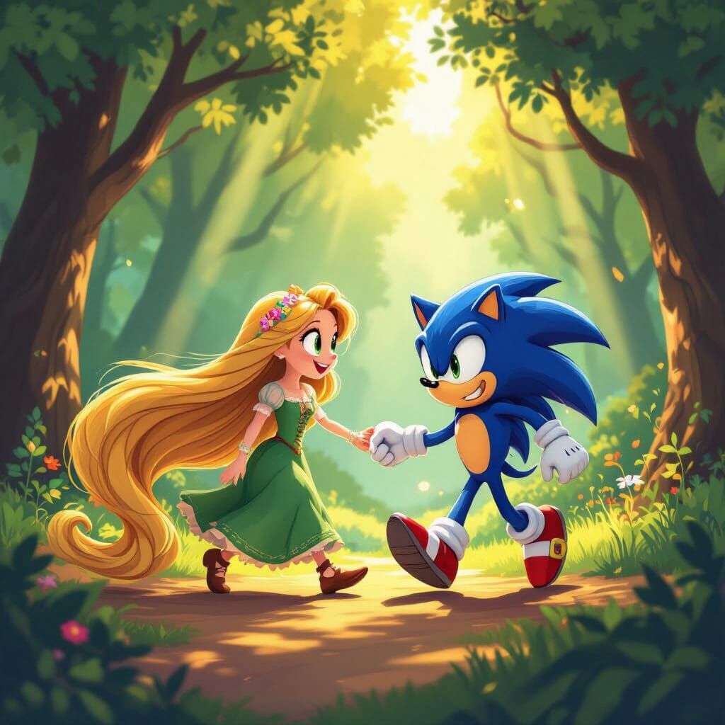Rapunzel and Sonic Run Through a Sun-Dappled Forest