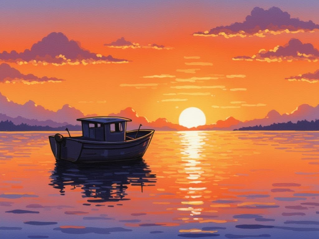 Weathered Fishing Boat at Golden Hour Sunset