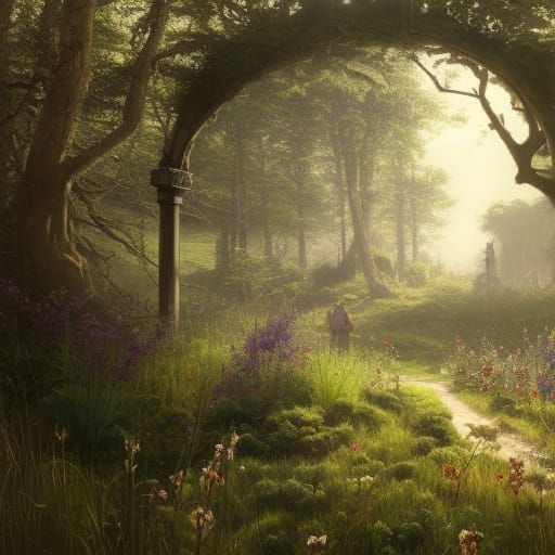 High Gothic Victorian Garden with Lush Woodland