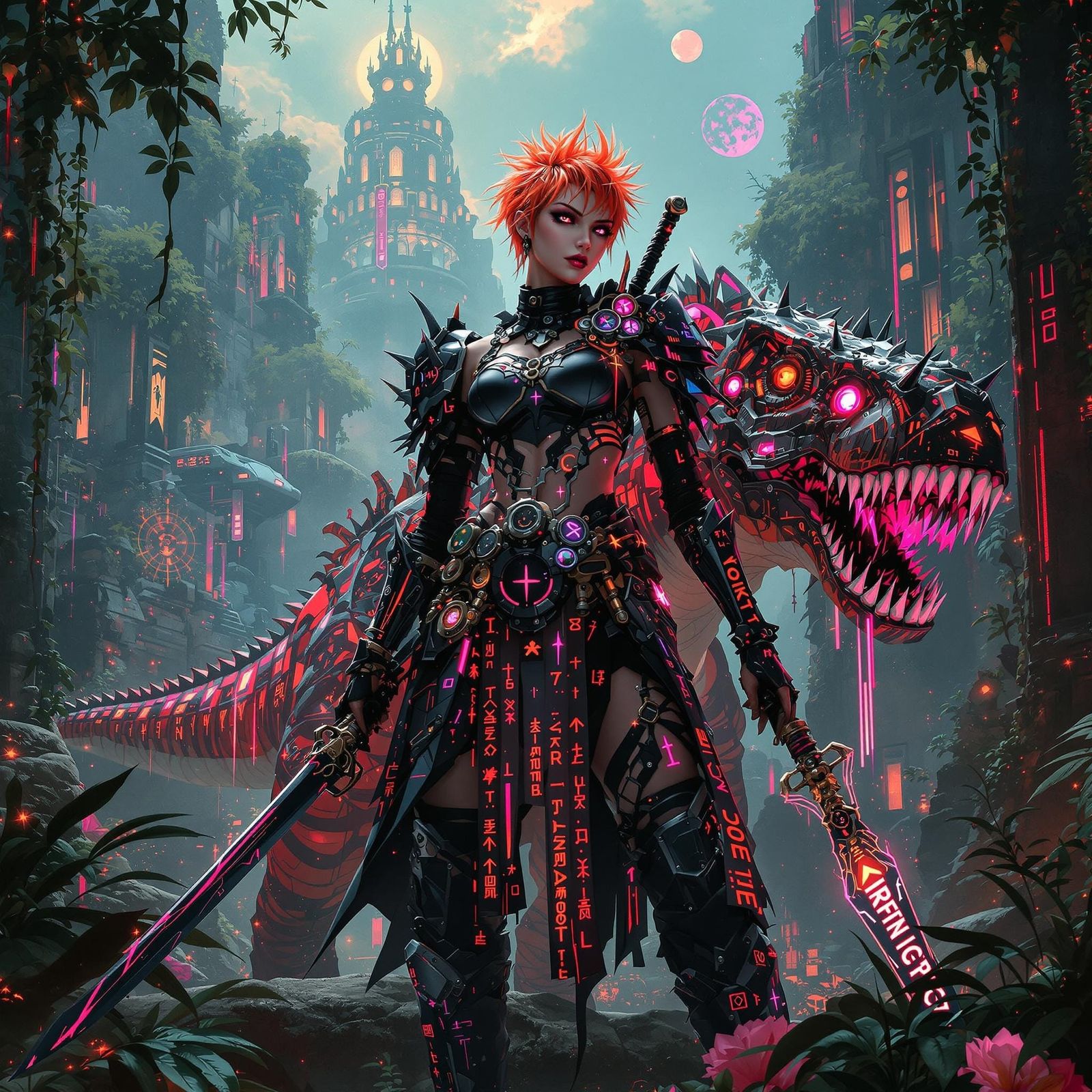 Gothic Samurai Warrior on Glitched Brachiosaurus