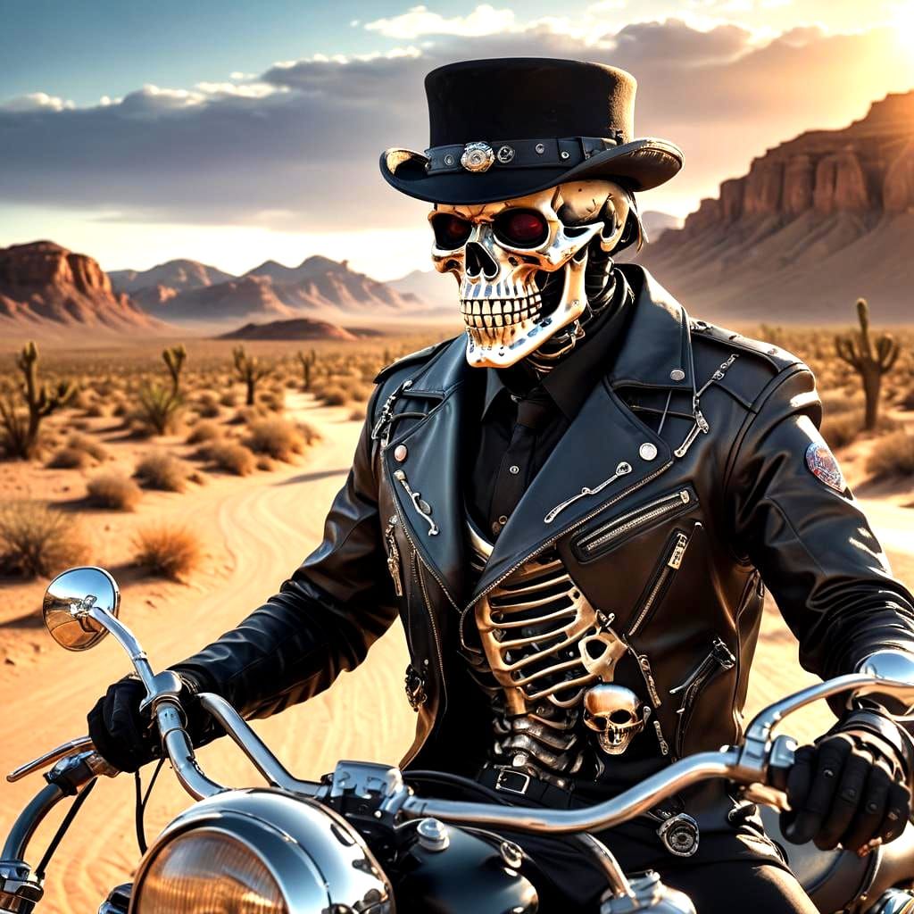 Skeleton Biker in Desert: Hyperrealistic Digital Art
