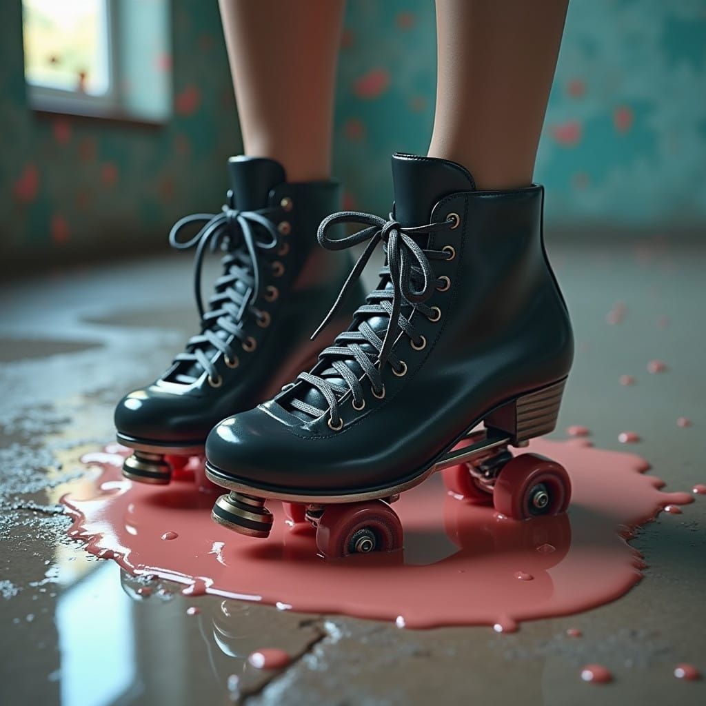 Fantastical Woman in High Heel Roller Skates Stands in Glue,...