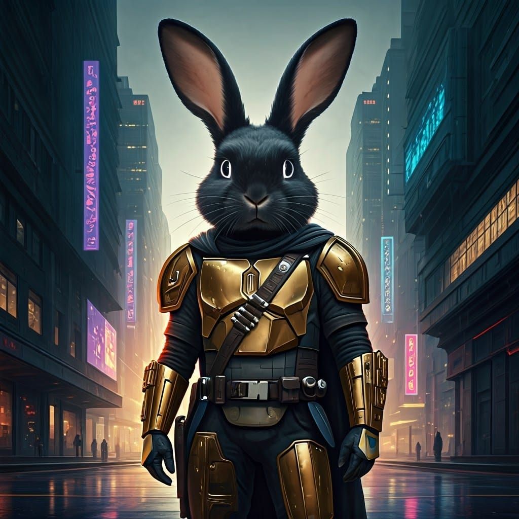 Cyberpunk Rabbit Warrior on Futuristic Cityscape
