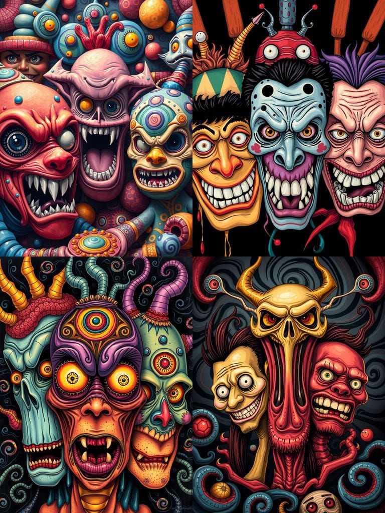 Funny and Scary Cartoon Faces in Colorful Style