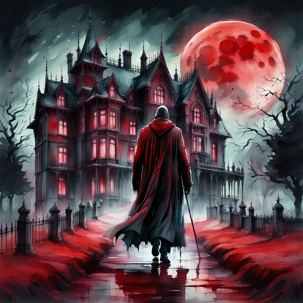 Ghostly Figure at Gothic Mansion under Blood Moon