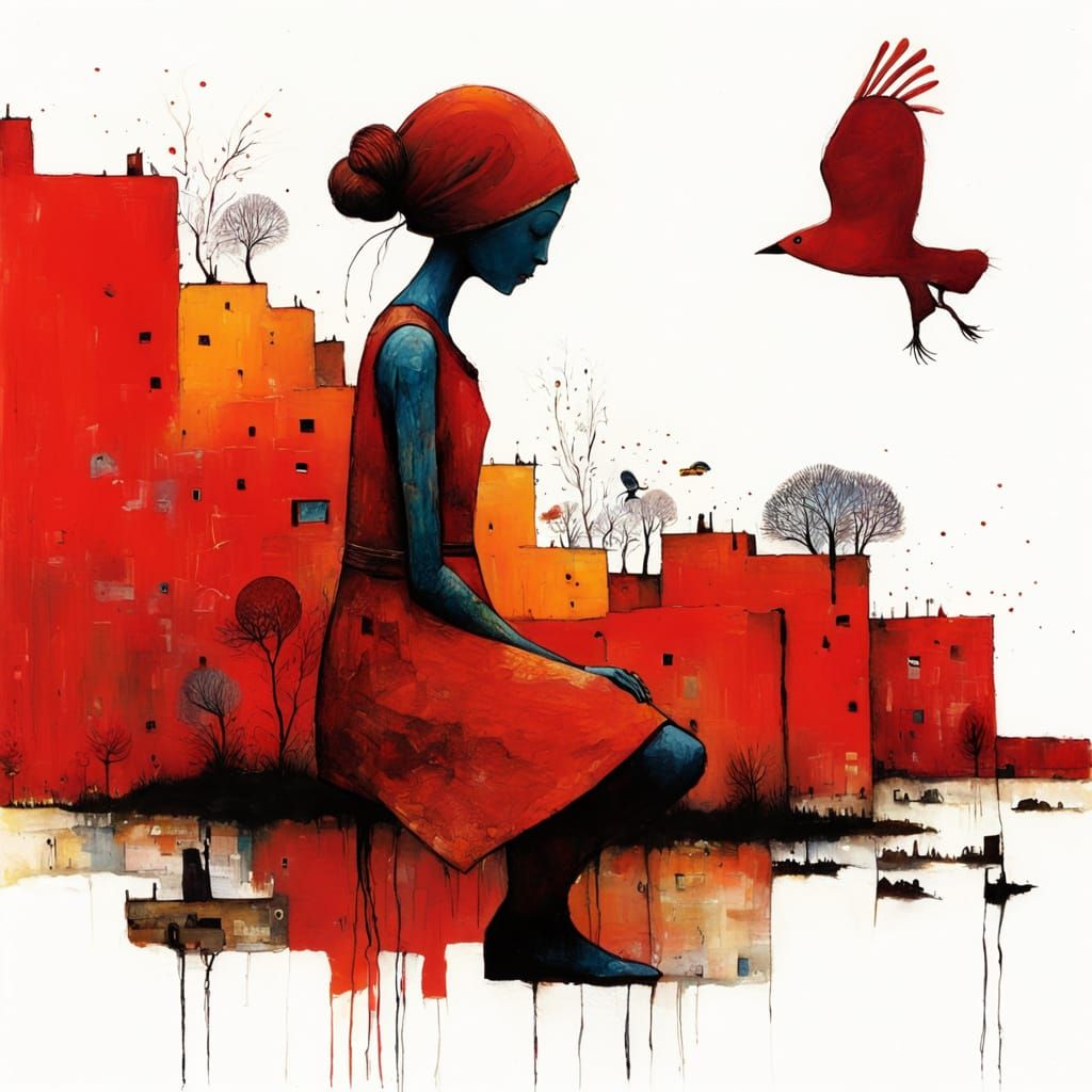 Textured Encaustic Painting in Naive Style