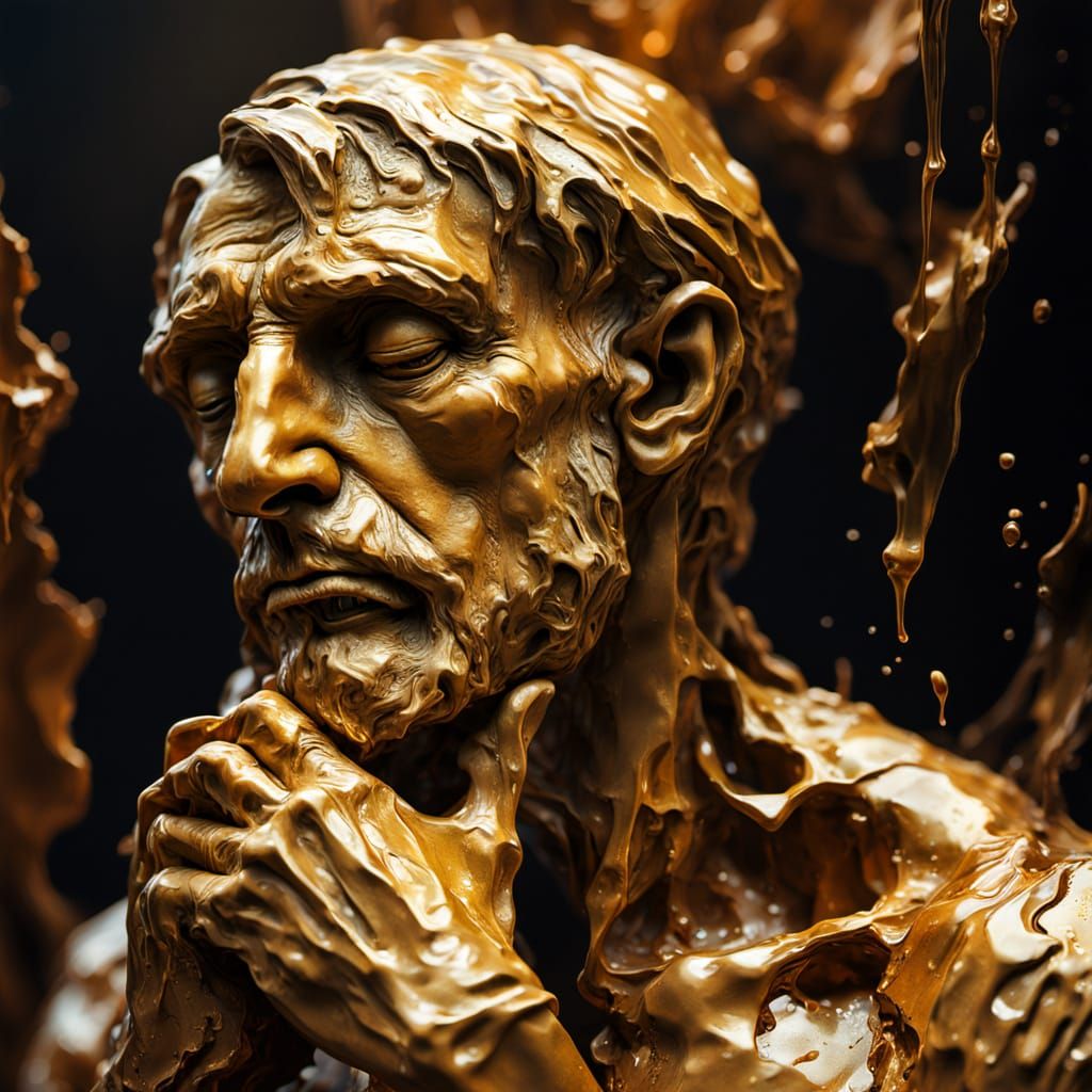Surreal Melting Clay Thinker in Dreamlike Macro Photography