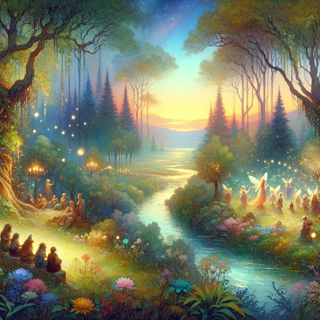 Whimsical Fairies and Dwarves in Lush Forest