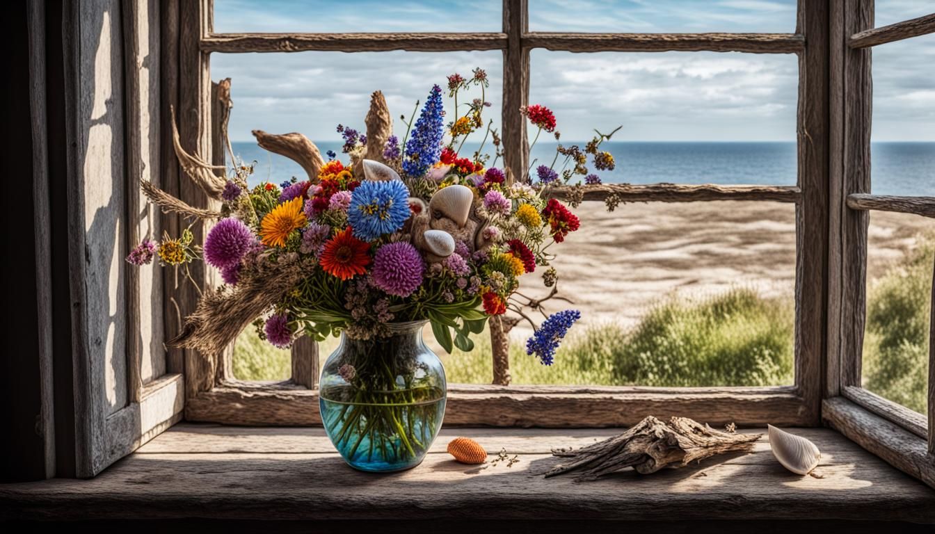 Hyperrealistic Coastal Still-Life with Sea Monster