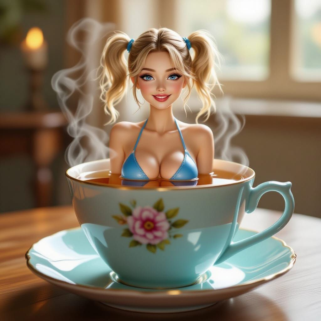 Model Swimming in Teacup - Cinematic Digital Art