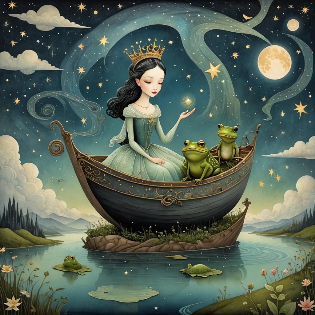 Princess and Frog on Starry Boat: Folk Art