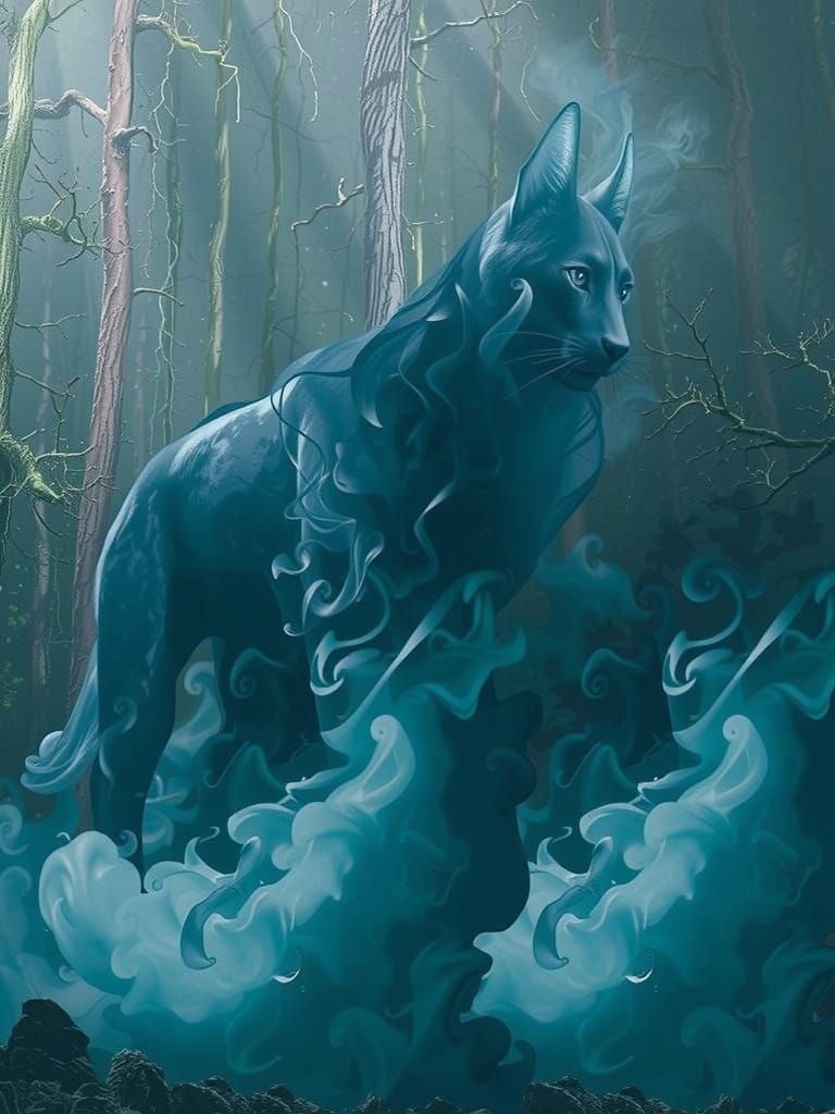Majestic slate blue cat made out of smoke in a forest with slate blue overtones