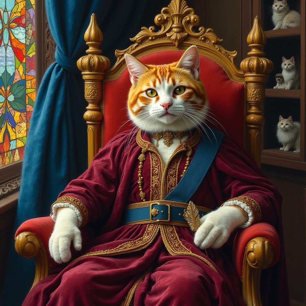 Regal Cat on Yarn Throne in Expressive Van Gogh Style