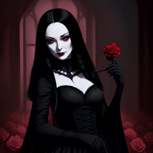 Ethereal Portrait of Morticia Addams in Dark Academia Style