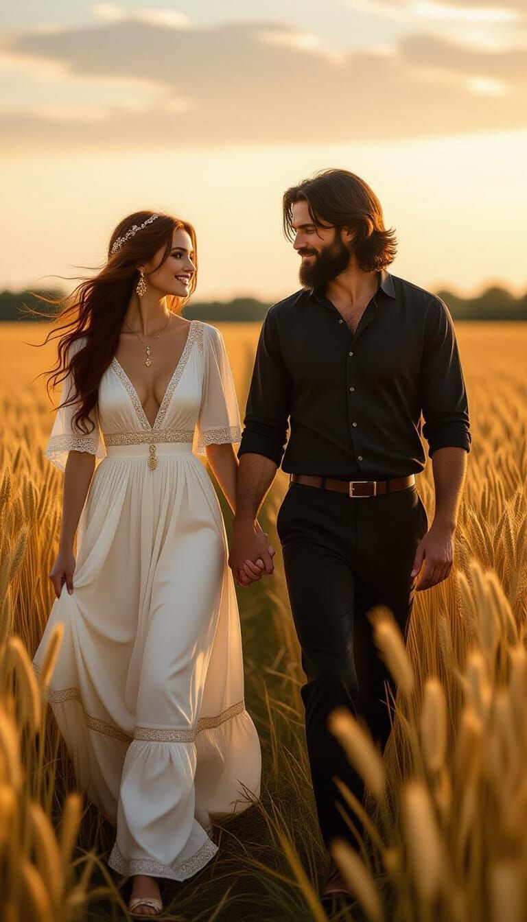 Couple Walking in Golden Wheat Field, Photorealistic Style