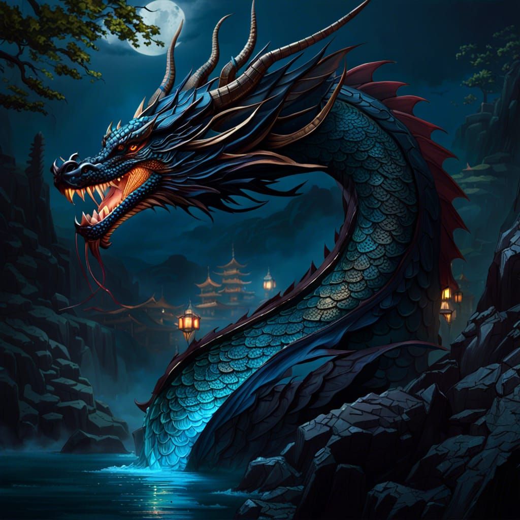 Oriental Dragon of the Lake: Dark Fantasy Concept Art