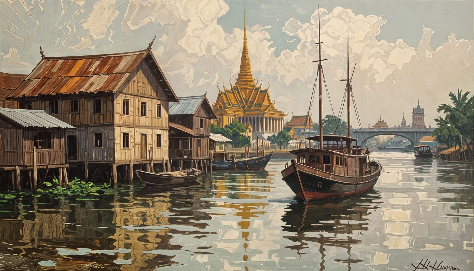 Old Phnom Penh Dock Scene with Royal Palace Boat